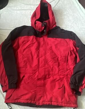 VTG LL Bean Thinsulate Lite Loft Winter Parka Jacket Red Black Hideaway Hood L